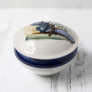 Handmade studio pottery trinket box with lid painted signed Nancy blue white 4"